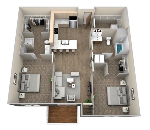Floor plan for 2 beds, 2 baths, 1057 sqft